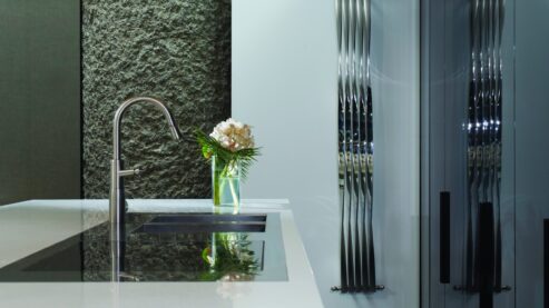 Twister in Polished and Brushed Stainless Steel shown in kitchen