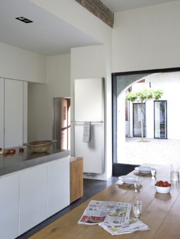 Vasco Flatine Vertical Flat Panel Radiator in White Fine Texture S600 with chrome towel bar