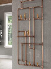 Steam Punk Electric Pajak Towel Rail in Copper with pipe work and wooden coat hooks