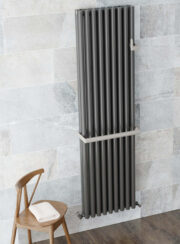 Cordivari Arianna with Arys towel bar and hook accessories on grey tiled wall and wooden seat