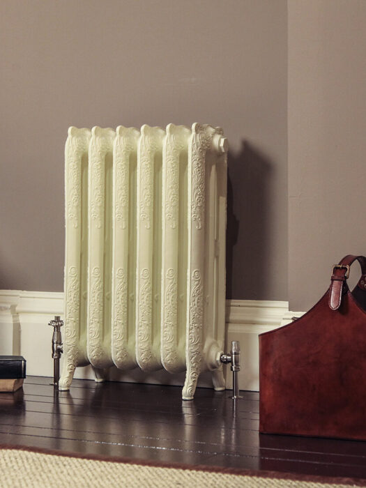 Living Room Rococo III cast iron radiator in Farrow and Ball All White