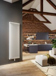 Tuba Electric Vertical Radiator in white in Living Room with underneath element
