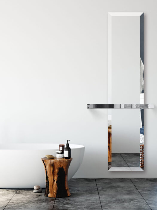 Bizo stone mirror radiator shown in bathroom