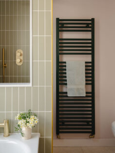 Green bathroom towel rail shown against pale green tiles and blush pink wall