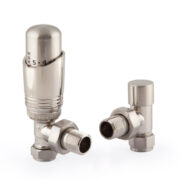 Essential TRV Angle Valve Set in Satin Nickel shown at angle