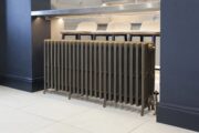 Large Cast Iron Radiator Spartan 6 Column under bench seating with Natural Brass Traditional TRV valves set