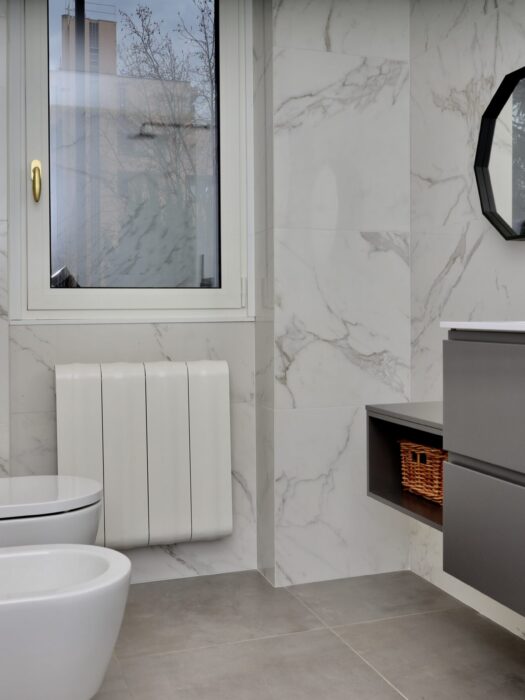 Agora Aluminium Radiator in Marble Bacthroom