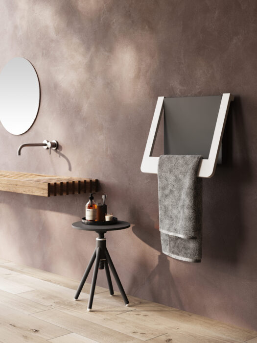 Cordivari Designer Window Towel Rail Radiator Open with towel in fashionable bassthroom