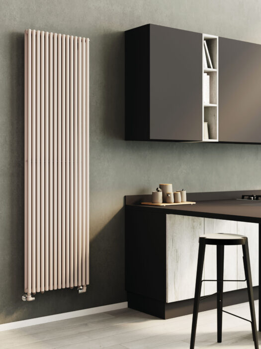 RT25 Cordivari Double Designer radiator finished in Tortora in kitchen