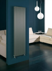 RT25 Double Vertical Designer Radiator from Cordivari in Grey on drak blue wall