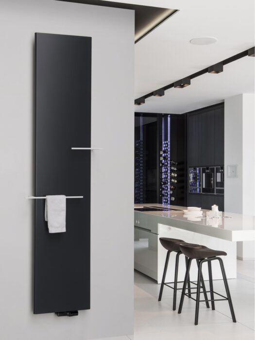 Vasco Niva Soft Vertical Radiator in black with long and short white towel bars