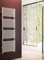 Cordivari Lucy Towel Rail in Stone Grey finish on dark brown bathroom wall