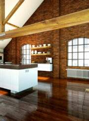 RAl 9016 White Vintage Steel radiator in Kitchen with exposed brick work and highly polished wooden floor