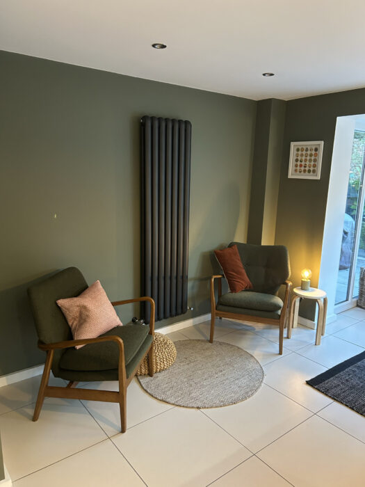 Vertical Max Designer Radiator in Living Room on Green wall and tiled floor