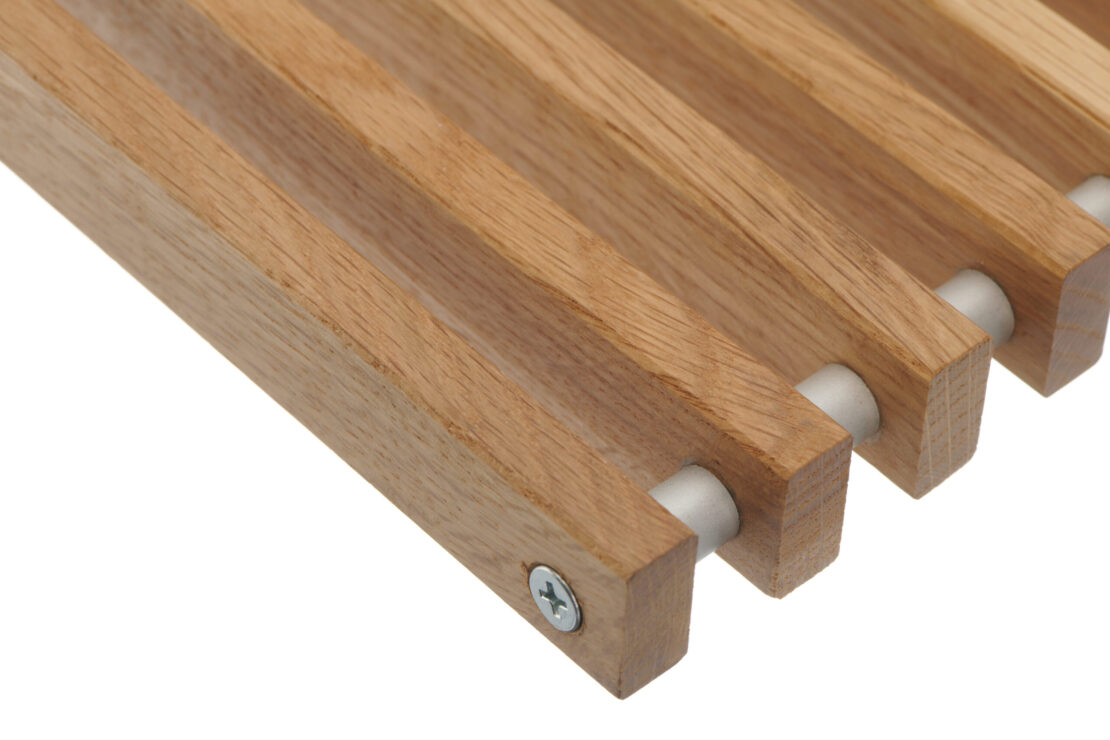 Trench Heating Roll Up Grille in Varnished Oak Detail