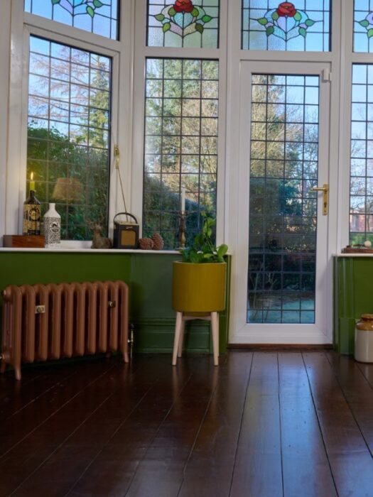 Emmeline III 470 Cast Iron radiator Little Greene Affogato in bay window