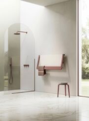 Window Towel Rail in Acai Matt and White sand in bathroom